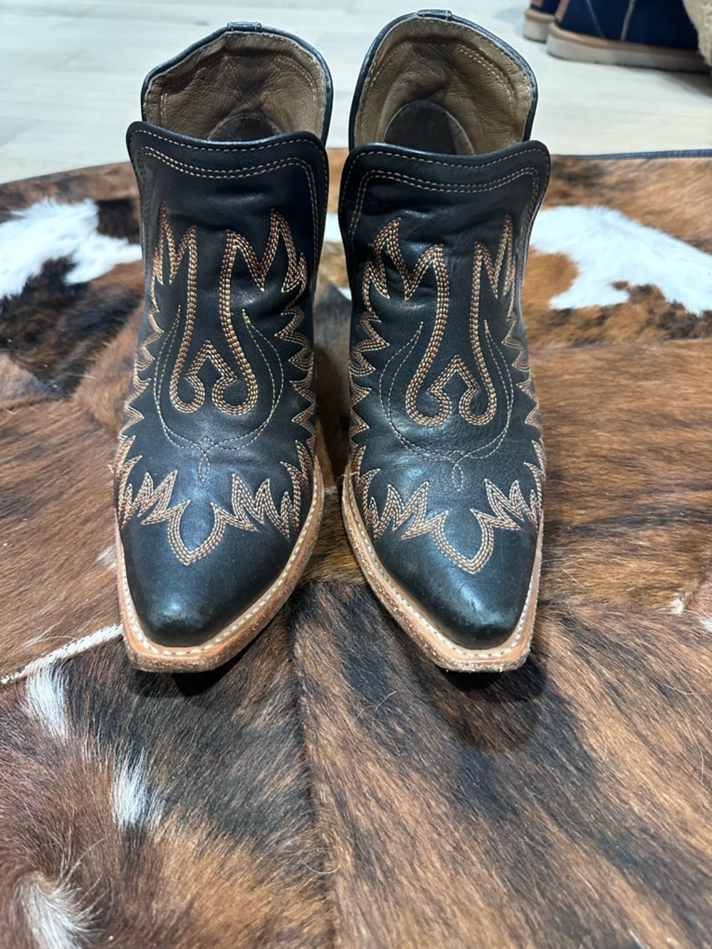 Black Embroidered Western Ankle Boots - Women's